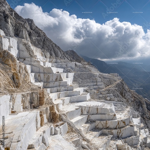 Marble Quarry in Mountain: An expansive marble quarry carved into a mountain, showcasing the raw beauty of natural stone against a backdrop of majestic clouds.