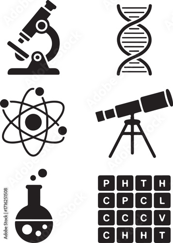 Explore science icons: DNA, atom, beaker, telescope, microscope