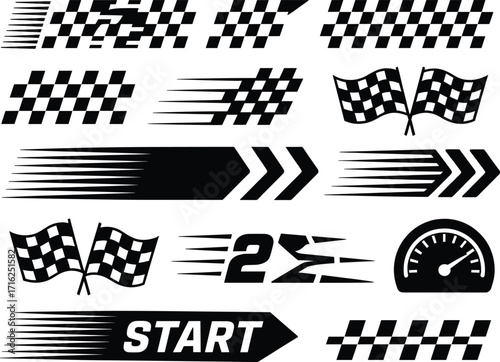Race car speed motion flags start finish line tachometer graphic elements set