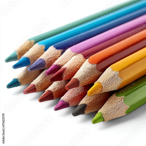 Vibrant Palette: A collection of colorful pencils with their tips neatly arranged, creating a visually appealing scene. This image captures the essence of creativity and artistic expression. 