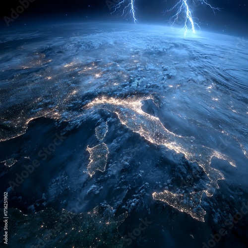Night Lights of the Italian Peninsula: A breathtaking, high-angle shot showcases the vibrant nightscape of Italy, punctuated by streaks of lightning piercing the atmosphere.
