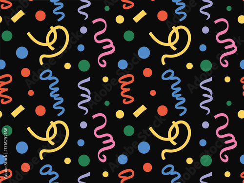 Vibrant repeating pattern of festive confetti streamers and glitter for celebrations