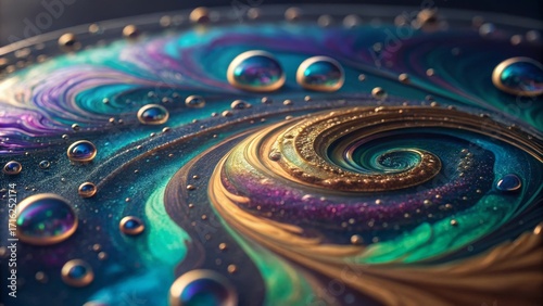 iridescent swirls and golden bubbles abstract art