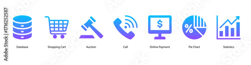 E Commerce Operations web banner icon vector illustration featuring Database, Shopping Cart, Auction, Call, Online Payment, Pie Chart, and Statistics for retail systems.