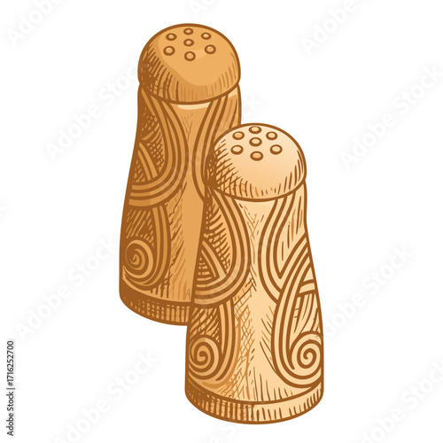Wooden salt and pepper shakers with intricate designs  