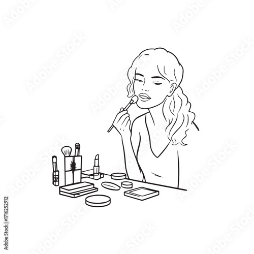 Black and white line art of a beautiful woman doing makeup at dressing table with mirror illustration