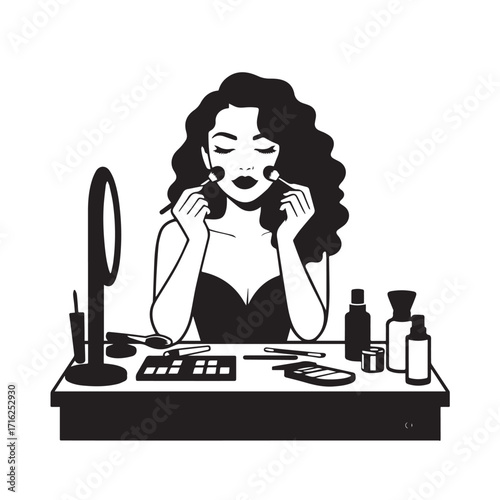 Black and white line art of a beautiful woman doing makeup at dressing table with mirror illustration