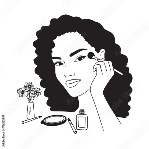 Black and white line art of a beautiful woman doing makeup at dressing table with mirror illustration