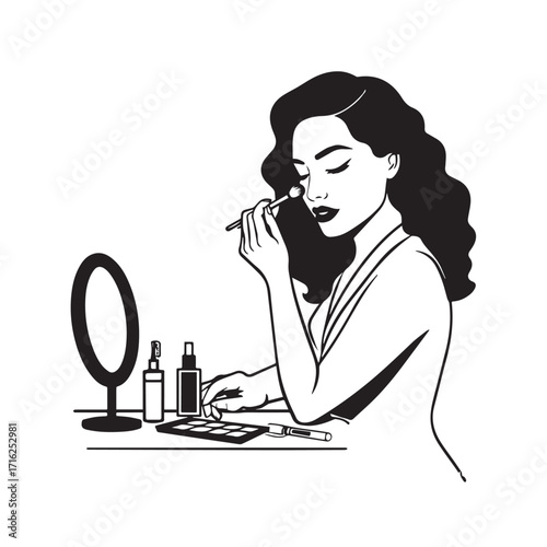 Black and white line art of a beautiful woman doing makeup at dressing table with mirror illustration