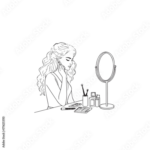 Black and white line art of a beautiful woman doing makeup at dressing table with mirror illustration