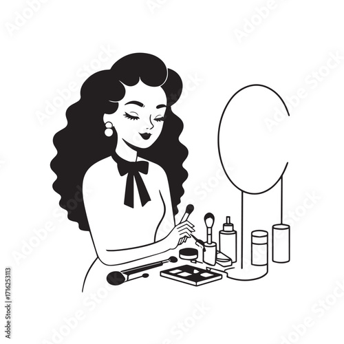 Black and white line art of a beautiful woman doing makeup at dressing table with mirror illustration