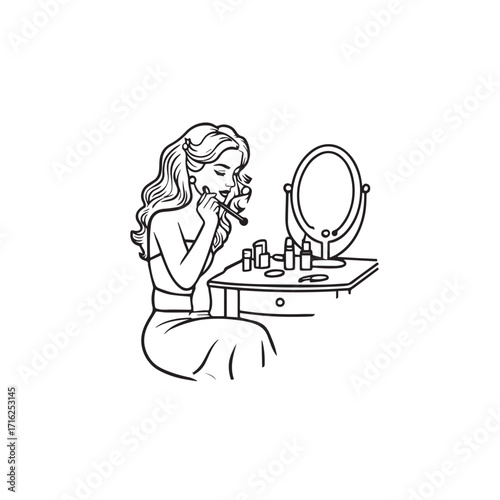 Black and white line art of a beautiful woman doing makeup at dressing table with mirror illustration