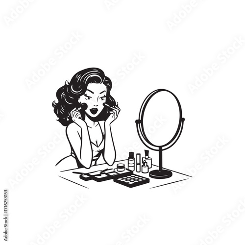 Black and white line art of a beautiful woman doing makeup at dressing table with mirror illustration