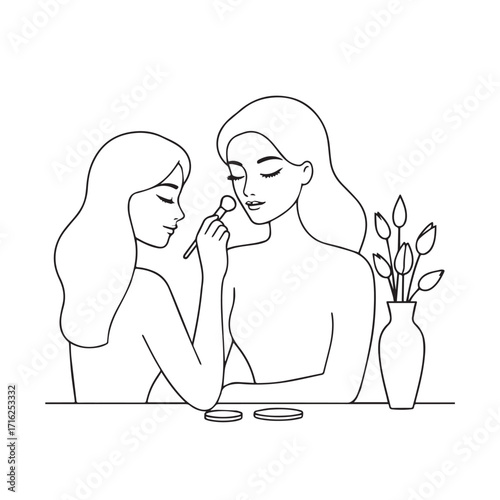Black and white line art of a beautiful woman doing makeup at dressing table with mirror illustration