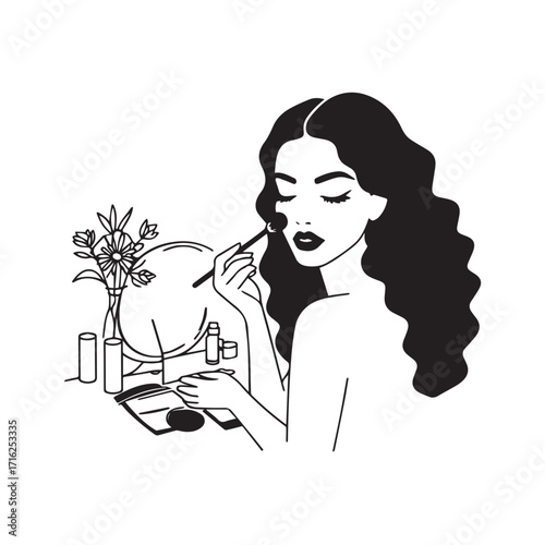 Black and white line art of a beautiful woman doing makeup at dressing table with mirror illustration