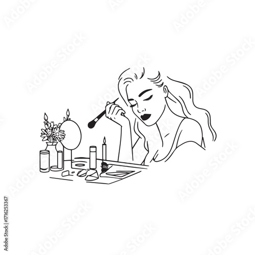 Black and white line art of a beautiful woman doing makeup at dressing table with mirror illustration