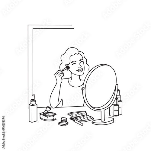 Black and white line art of a beautiful woman doing makeup at dressing table with mirror illustration