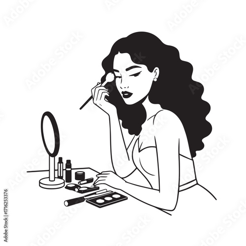 Black and white line art of a beautiful woman doing makeup at dressing table with mirror illustration