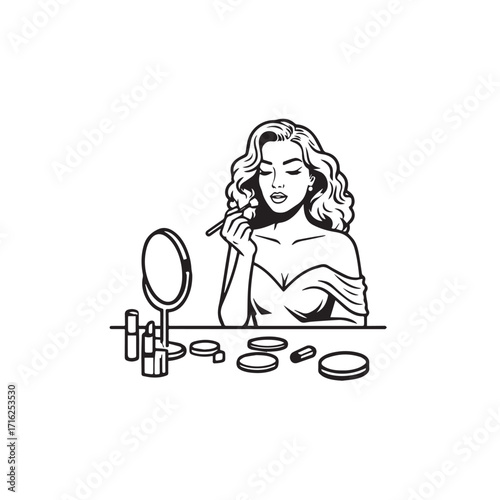 Black and white line art of a beautiful woman doing makeup at dressing table with mirror illustration