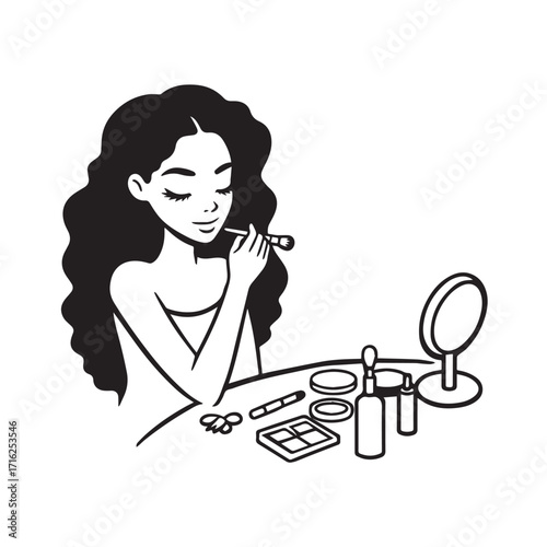 Black and white line art of a beautiful woman doing makeup at dressing table with mirror illustration