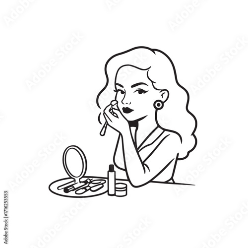 Black and white line art of a beautiful woman doing makeup at dressing table with mirror illustration