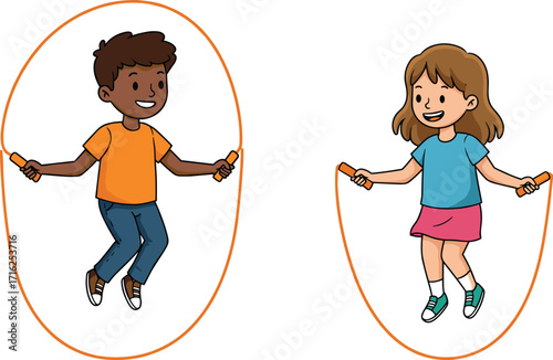 Happy kids jumping rope, cartoon boy and girl playing together, outdoor fitness activity, childhood exercise, healthy lifestyle, fun sport illustration