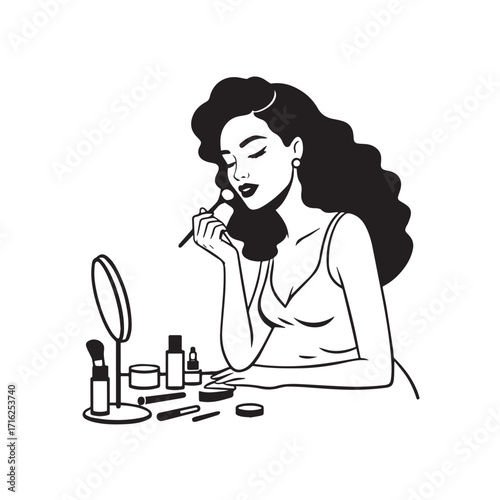 Black and white line art of a beautiful woman doing makeup at dressing table with mirror illustration