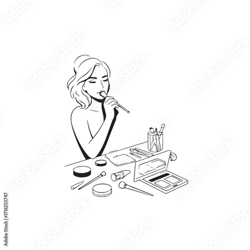 Black and white line art of a beautiful woman doing makeup at dressing table with mirror illustration