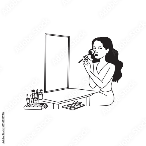 Black and white line art of a beautiful woman doing makeup at dressing table with mirror illustration