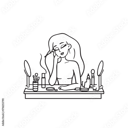 Black and white line art of a beautiful woman doing makeup at dressing table with mirror illustration