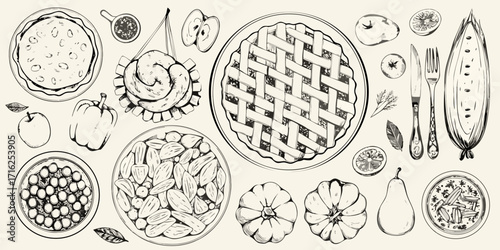 Hand drawn sketch of a variety of delicious food items including pies fruits vegetables nuts and spices on a light background