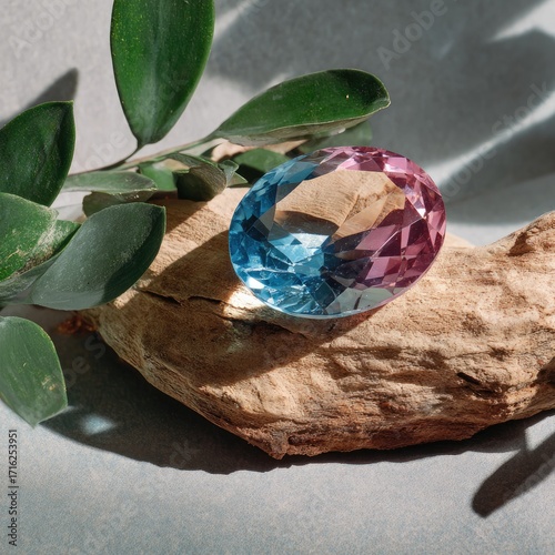 Oval gemstone, two-toned, rests on driftwood