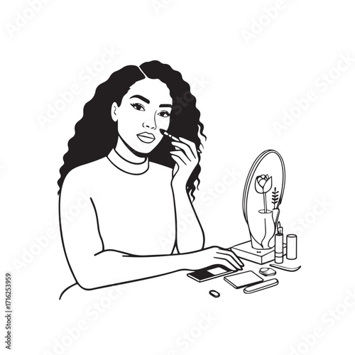 Black and white line art of a beautiful woman doing makeup at dressing table with mirror illustration