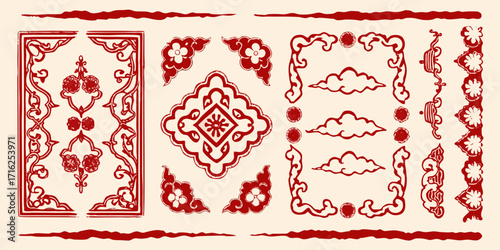 Collection of traditional chinese red decorative ornaments and borders with floral and cloud motifs