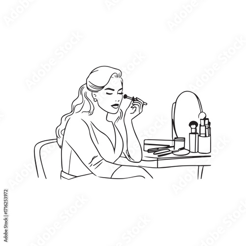 Black and white line art of a beautiful woman doing makeup at dressing table with mirror illustration