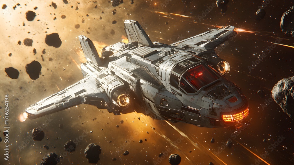 Fototapeta premium Futuristic spacecraft navigates asteroid field, fi weapons with orange light and sparks illuminating the cosmos in this science fiction battle scene.