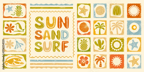 Fun hand drawn sun sand surf text surrounded by tropical beach icons and patterns