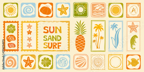 Retro summer vacation theme with sun sand surf palm trees pineapple and ocean life icons