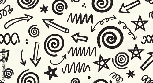 Hand-drawn black and white seamless pattern with arrows spirals stars and wavy lines