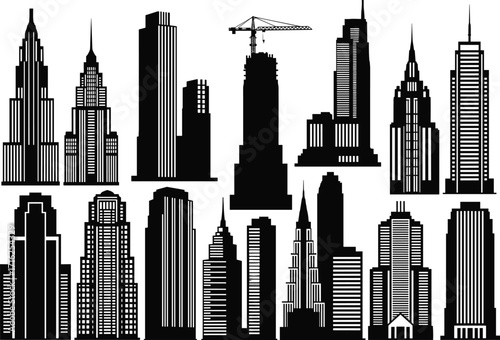 silhouette, skyscraper, building, tower, highrise, skyline, urban, architecture, crane, construction, vector, black, icon, design, structure, modern, project, engineering, development, cityscape