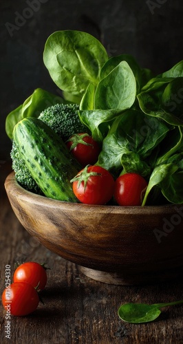 Wooden bowl filled with fresh vegetables spinach, cucumbers, cherry tomatoes, and broccoli