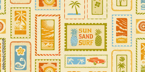 Retro hawaiian stamp pattern with tropical motifs and beach scenes