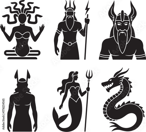 Mythical creatures and gods collection icons