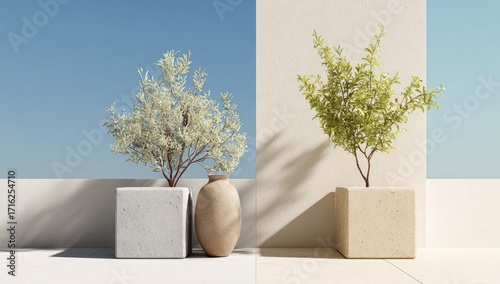 Two small potted plants, light beige and off-white, on a light-toned patio
