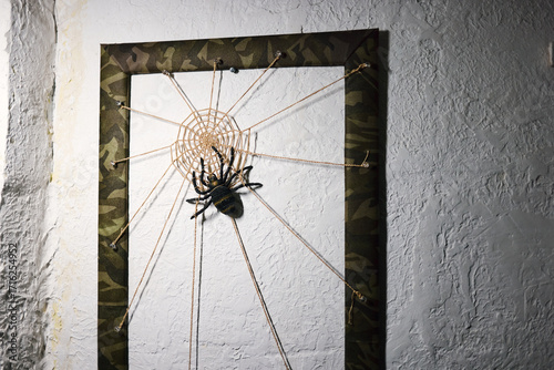Decorative spider web with fake spider framed in camouflage border on wall