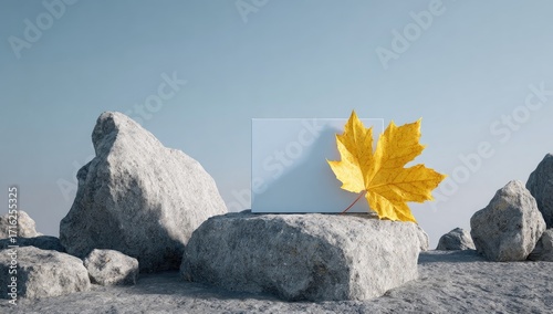 Blank white card rests on gray rocks, with a vibrant yellow leaf