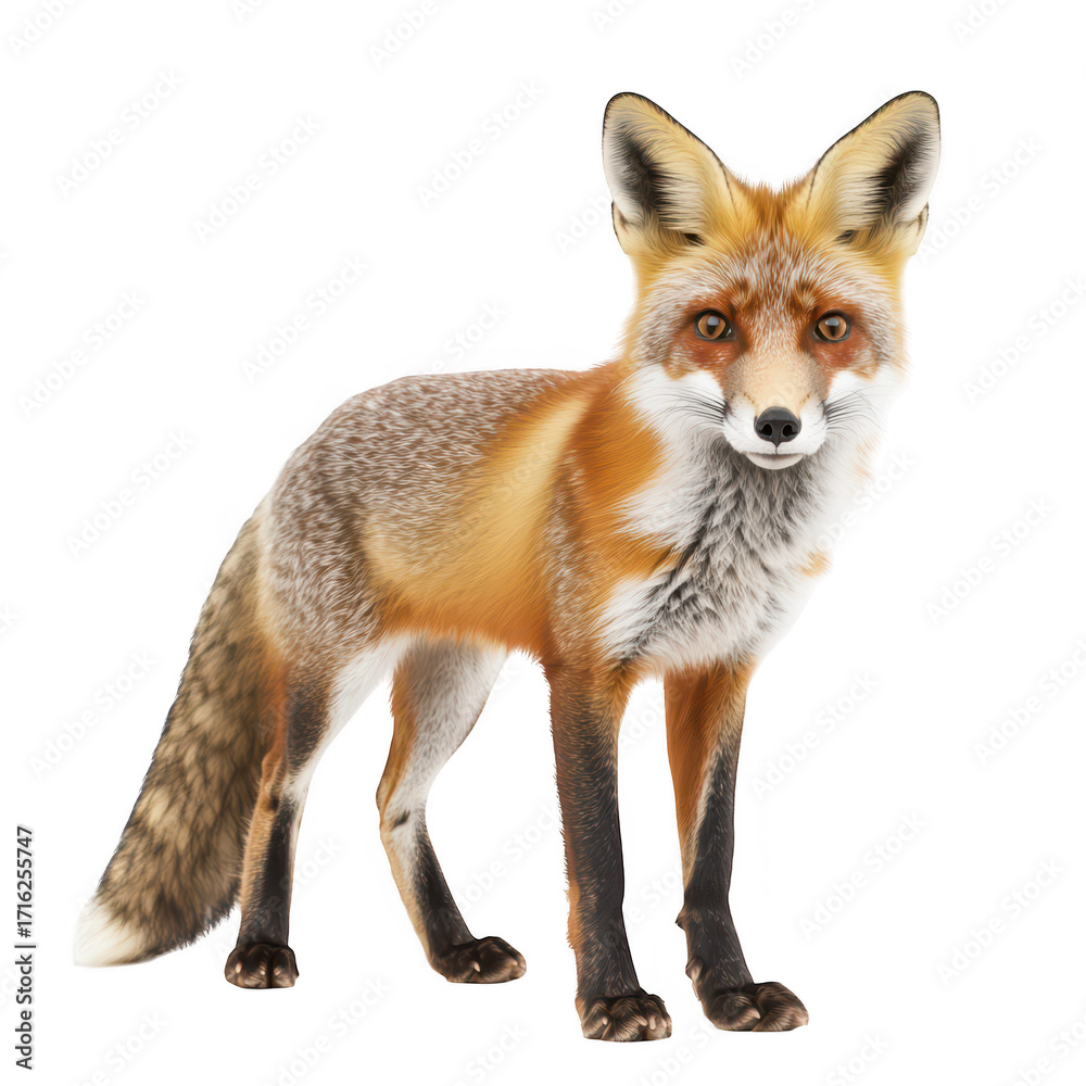 Obraz premium A realistic depiction of a red fox standing gracefully against a white background. its fur and striking features. ideal for wildlife photography and nature-themed projects