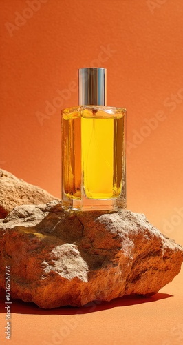 Amber perfume bottle on a textured rock against an orange background