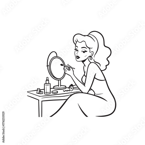 Black and white line art of a beautiful woman doing makeup at dressing table with mirror illustration