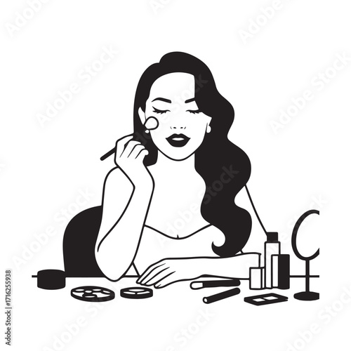 Black and white line art of a beautiful woman doing makeup at dressing table with mirror illustration